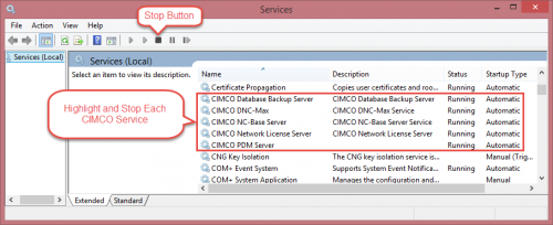 Select the CIMCO Services and stop each one before installing.