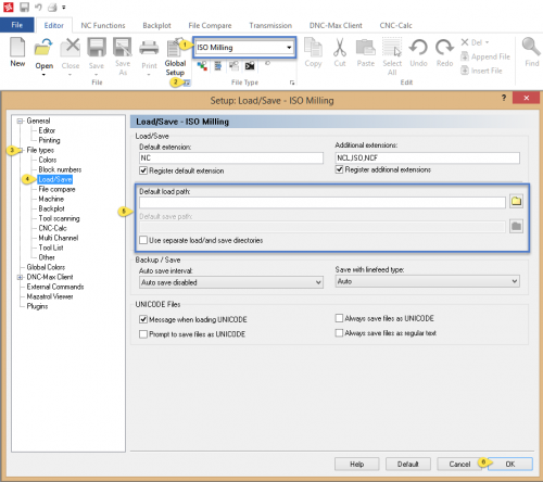 Follow the six numbered steps to alter the load/save parameters in CIMCO Editor 7 or 8