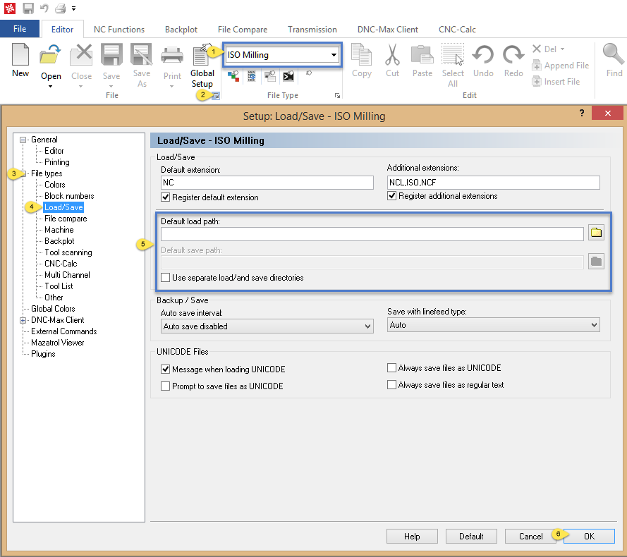 Follow the six numbered steps to alter the load/save parameters in CIMCO Editor 7 or 8
