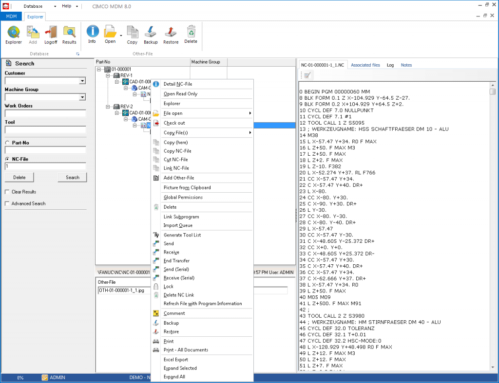 Options for an NC-File in CIMCO MDM Interface