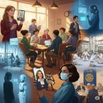 The image depicts a diverse group of people interacting through various community mediums, both in person and virtually. It subtly includes elements representing professional and personal communities, with a hint of emotional contrast in the background. The overall tone is hopeful and inviting, with warm lighting and an uplifting sense of connection and renewal.